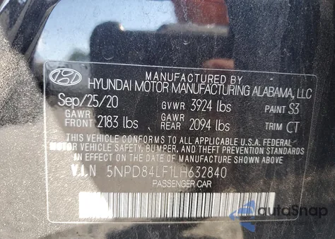 2020 Hyundai Elantra Sel из США, поврежденный, VIN 5NPD84LF1LH632840